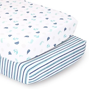 The Peanutshell Fitted Crib Sheet Set for Baby Boys or Baby Girls, Nautical & Stripe, 2-Pack, Green/Blue - 1 of 4