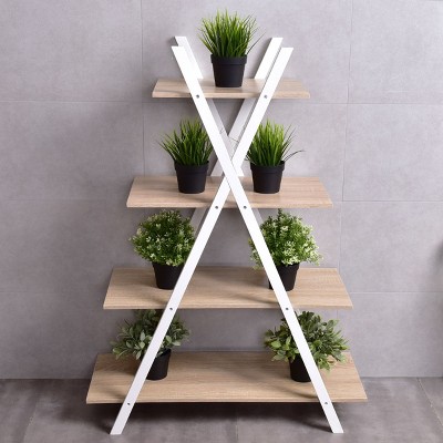 Modern X-Shape 4-Tier Ladder Bookshelf for Toys and Books - Black Wood