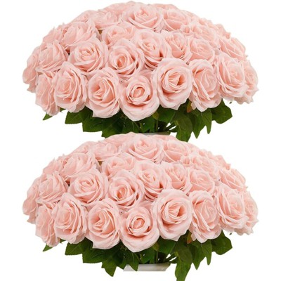 BRINJOY Blush Artificial Roses - Bulk 50-Pack Silk Roses with Stems for Wedding & Home Decor (17.6 Inch)
