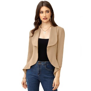 Women's Spring Fall Casual Blazers Puff Sleeve 3/4 Sleeve Solid Jackets Lapel Open Front Irregular Hem Work Suit Office Blazer - 1 of 4