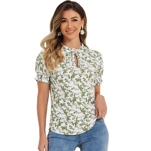 Allegra K Women's Ruffle Tie V-Neck Casual Smocked Short Sleeve Floral Top - 1 of 4