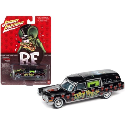 1966 Cadillac Hearse "Rat Fink" Black with Graphics 1/64 Diecast Model Car by Johnny Lightning