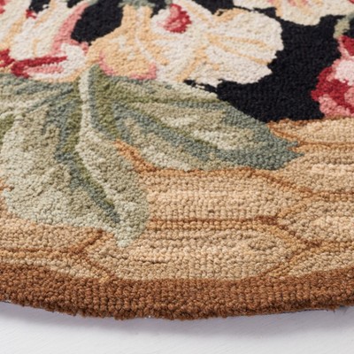 Handmade Round Black Floral Wool Area Rug