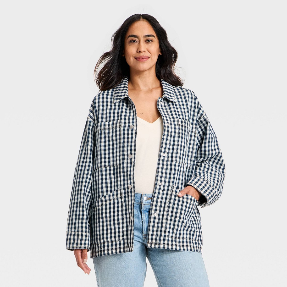 Женские куртки Universal Thread Women's Western Denim Chore Coat - Universal Thread™ Blue Gingham L — фото 4