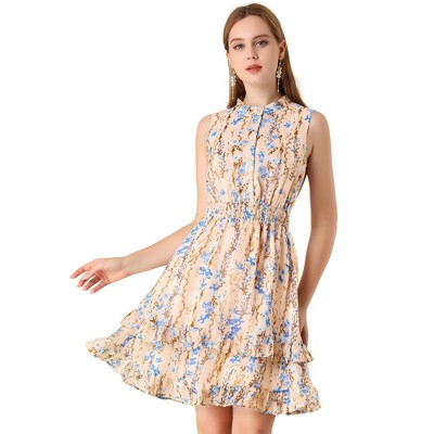 Allegra K Women's Regular Fit Floral A-line Smocked Waist Tiered Ruffled Chiffon Mini Dress