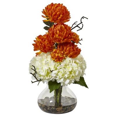 Hydrangea & Mum in Vase Orange - Nearly Natural