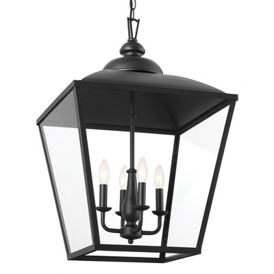 Textured Black 4-Light Lantern Pendant with Glass Panels