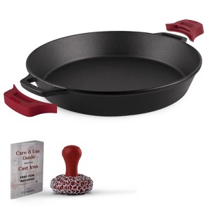 Cuisinel Cast Iron Skillet + Chainmail Scrubber - 15"-Inch Pre-Seasoned Dual Handle Braiser Frying Pan + Silicone Handle Covers - 1 of 3