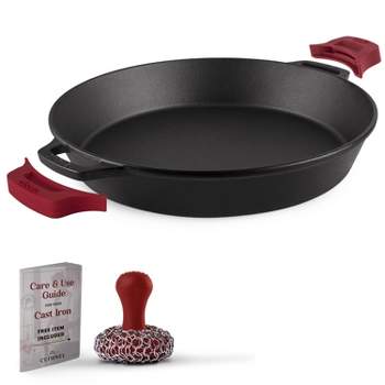 Cuisinel Cast Iron Skillet + Chainmail Scrubber - 15"-Inch Pre-Seasoned Dual Handle Braiser Frying Pan + Silicone Handle Covers