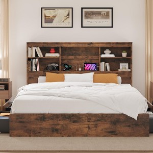 Homhougo King Size Bed Frame with High Storage Bookcase Headboard, Wood Bed Frame with 4 Storage Drawers Brown - 1 of 4