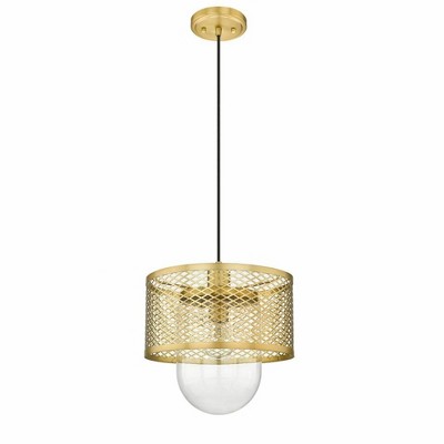 11.5" Rubbed Brass Glass Drum Pendant Light