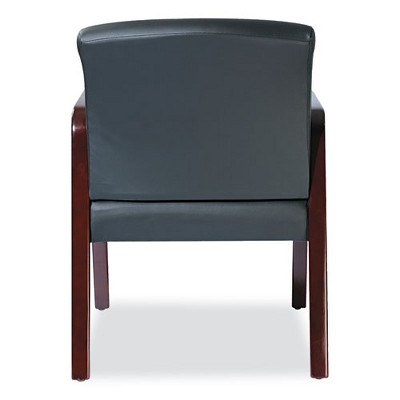 Elegant Mahogany Wood Guest Chair with Fixed Black Leather Arms