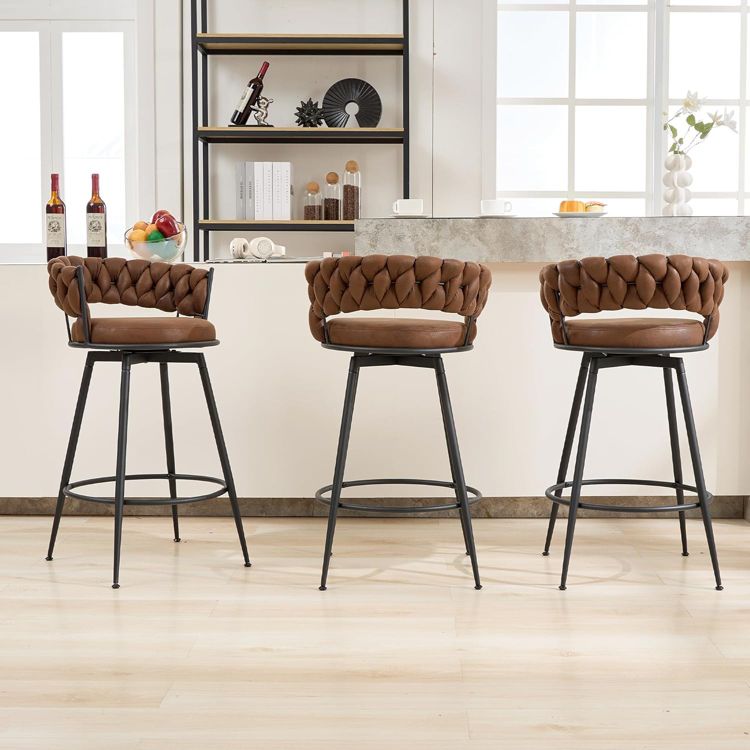 DYHOME 28 inch Bar Stools Set of 3, Modern Counter Height Bar Stools, 360° Swivel Suede Fabric Stool Chairs with Woven Back and Footrest, 1 of 8