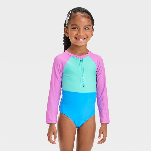 Baby Girls Long Sleeve Solid Colorblock One Piece Swimsuit Cat Jack Blue 18m Target