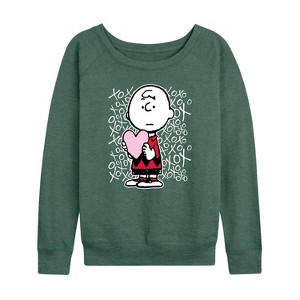 Women's - Peanuts - Charlie Brown Xoxo Lightweight French Terry Wide Neck Long Sleeve Shirt - 1 of 4