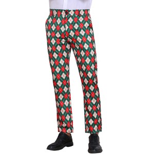 INSPIRE CHIC Men's Straight Leg Flat Front Retro Plaid Argyle Pattern Pants - 1 of 4