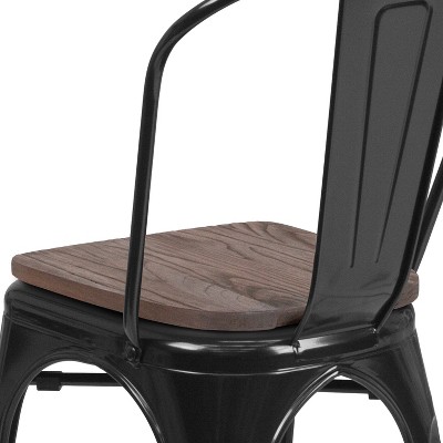 Black Metal Stackable Dining Chair with Wood Seat