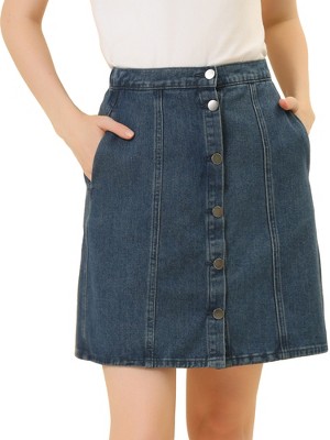 Allegra K Women's Elastic Back Short Button Down Denim Skirts with Pockets