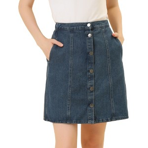 Allegra K Women's Elastic Back Short Button Down Denim Skirts with Pockets - 1 of 4