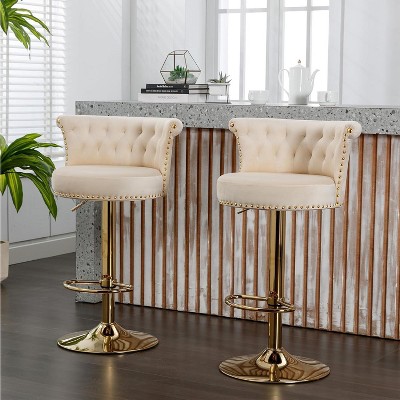 Skran Bar Stools Set of 2 with Tufted Back,Adjustable Seat,Velvet Swivel Counter Height Stools with Nailheads Trim,Upholstered Bar Chairs,Steel Base