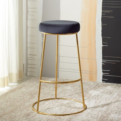 Minimalist Black Velvet and Gold Metal Round Bar Stool