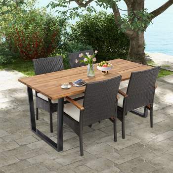 Costway 5 PCS Patio Rattan Dining Set Acacia Wood Table 4 Wicker Chairs with Umbrella Hole