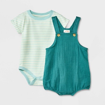 Image of Baby Boys' 2pc Gauze Shortalls Set - Cat & Jack™ Teal Blue Newborn
