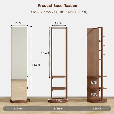Walnut Freestanding Full Length Mirror with Storage Rack