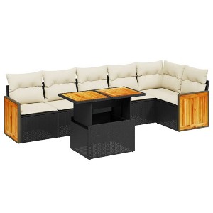 vidaXL 7 Piece Patio Sofa Set with Cushions Black and Cream Poly Rattan - 1 of 4