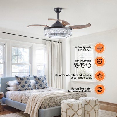 MAYEERTY 18" Contemporary Crystal LED Retractable Ceiling Fan with Light and Remote Control