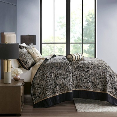 Aubrey Queen Black Cotton Reversible Jacquard Bedspread Set