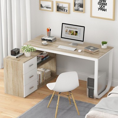 FUFU&GAGA Adjustable L Shaped Study Table Storage Drawers
