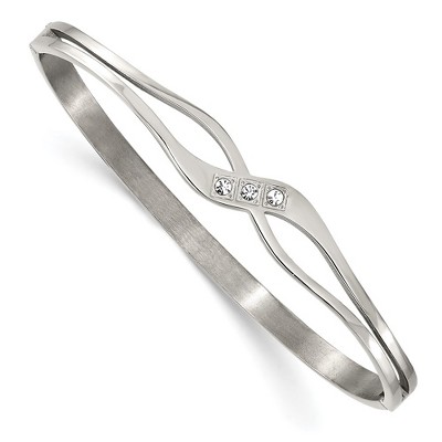 Chisel Stainless Steel Polished Cubic Zirconia Hinged Bangle