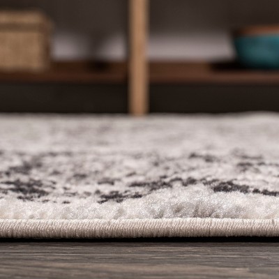 Dark Gray and Cream Medallion 8' x 10' Reversible Synthetic Rug