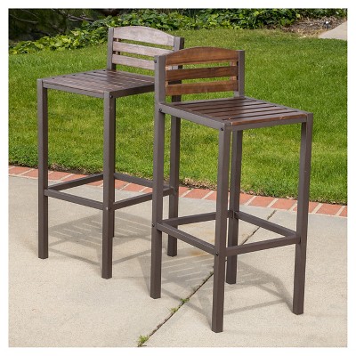 Milos Dark Brown Acacia and Metal Outdoor Barstools, Set of 2