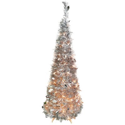 Northlight 4' Pre-Lit Silver Tinsel Pop-Up Artificial Christmas Tree, Clear Lights