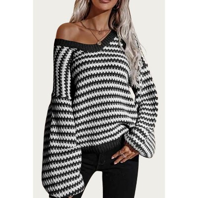 Women's STRIPED V-NECK KNIT SWEATER - ESLEY COLLECTION