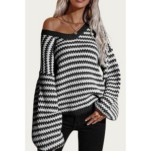 Women's STRIPED V-NECK KNIT SWEATER - ESLEY COLLECTION - 1 of 2