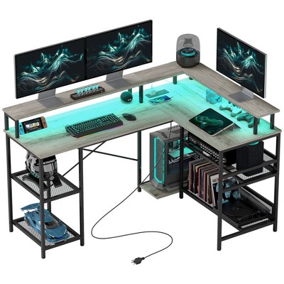 HOMCOM L Shaped Desk with LED Lights and Power Outlets, 59" Gaming Desk with Monitor Stand and Storage Shelves, Corner Computer Desk