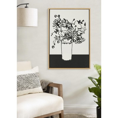 Black and White Floral Vase Canvas Print with Natural Frame