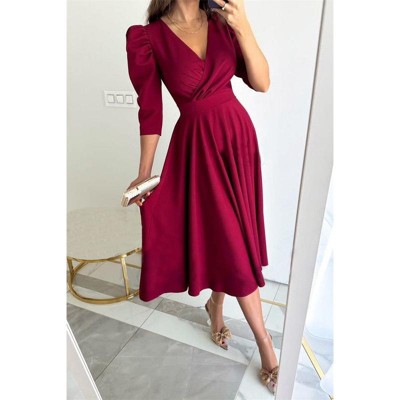 Coolmee Women's Wedding Guest Formal Dresses V Neck 3/4 Sleeves Elegant Dresses  Slim Fit Casual Pleated Cocktail Tea Midi Dresses