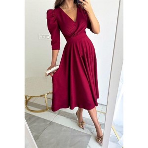 Coolmee Women's Wedding Guest Formal Dresses V Neck 3/4 Sleeves Elegant Dresses  Slim Fit Casual Pleated Cocktail Tea Midi Dresses - 1 of 4
