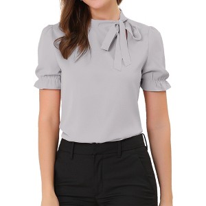 INSPIRE CHIC Women's Bow Tie Neck Solid Color Elastic Cuffs Elegant Office Short Sleeve Blouse - 1 of 4