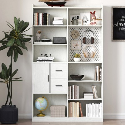 Bookcase with pegboard and drawers, 9 compartment display bookshelf, modern wide wooden shelving white