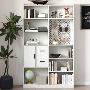 Bookcase with pegboard and drawers, 9 compartment display bookshelf, modern wide wooden shelving white - 1 of 4