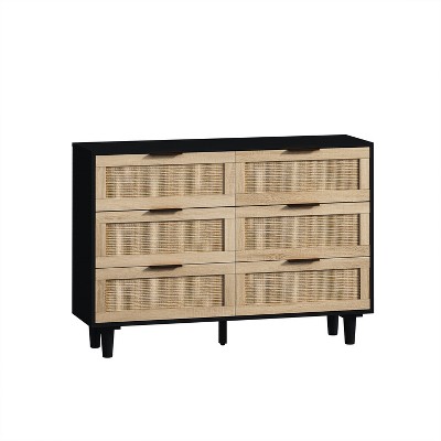TIRAMISUBEST 43.31"6-Drawers Black Rattan Storage Cabinet Rattan Drawer,for Bedroom,Living Room