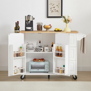 Rolling Kitchen Island with Drop Leaf Countertop - Barn Door Kitchen Cart with Storage, Drawers & Towel Rack-- Frevyn - 1 of 4