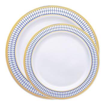 Smarty Had A Party White with Blue and Gold Chord Rim Plastic Dinnerware Value Set (120 Dinner Plates + 120 Salad Plates)