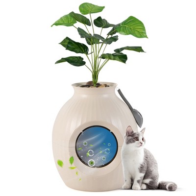 Tangkula Hidden Litter Box Plant Cat Litter Box Enclosure Furniture with Odor Removal System 4 Modes Lights Artificial Plant