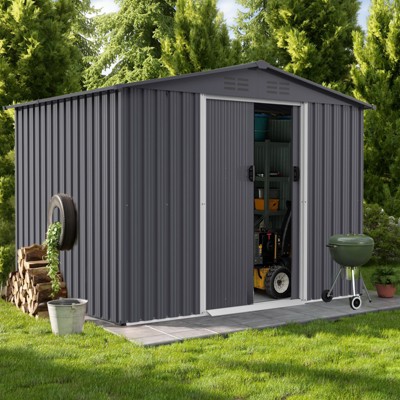 Syemin Deck Boxes, Large Metal Outdoor Storage Shed with Sliding Doors, Air Vent, Dark Grey, 98.4"*72.8"*72.6"